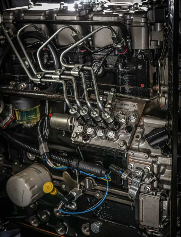 Close-up of a diesel generator engine showing the fuel injection pump and high-pressure fuel lines