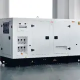 112 kW Volvo diesel generator in a white silent-type enclosure with its outlet panel