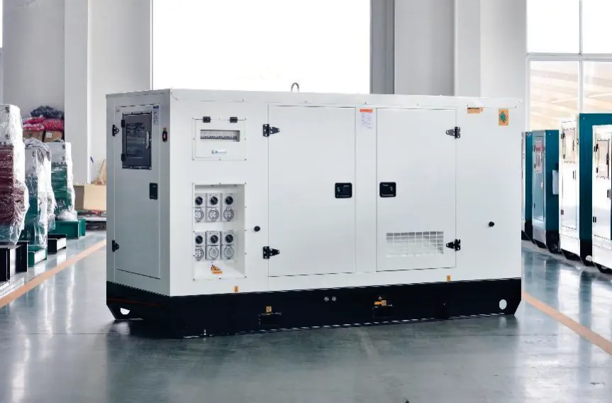 112 kW Volvo diesel generator in a white silent-type enclosure with its outlet panel