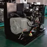 Three-quarter view of the open-frame 20 kW Perkins generator set and alternator