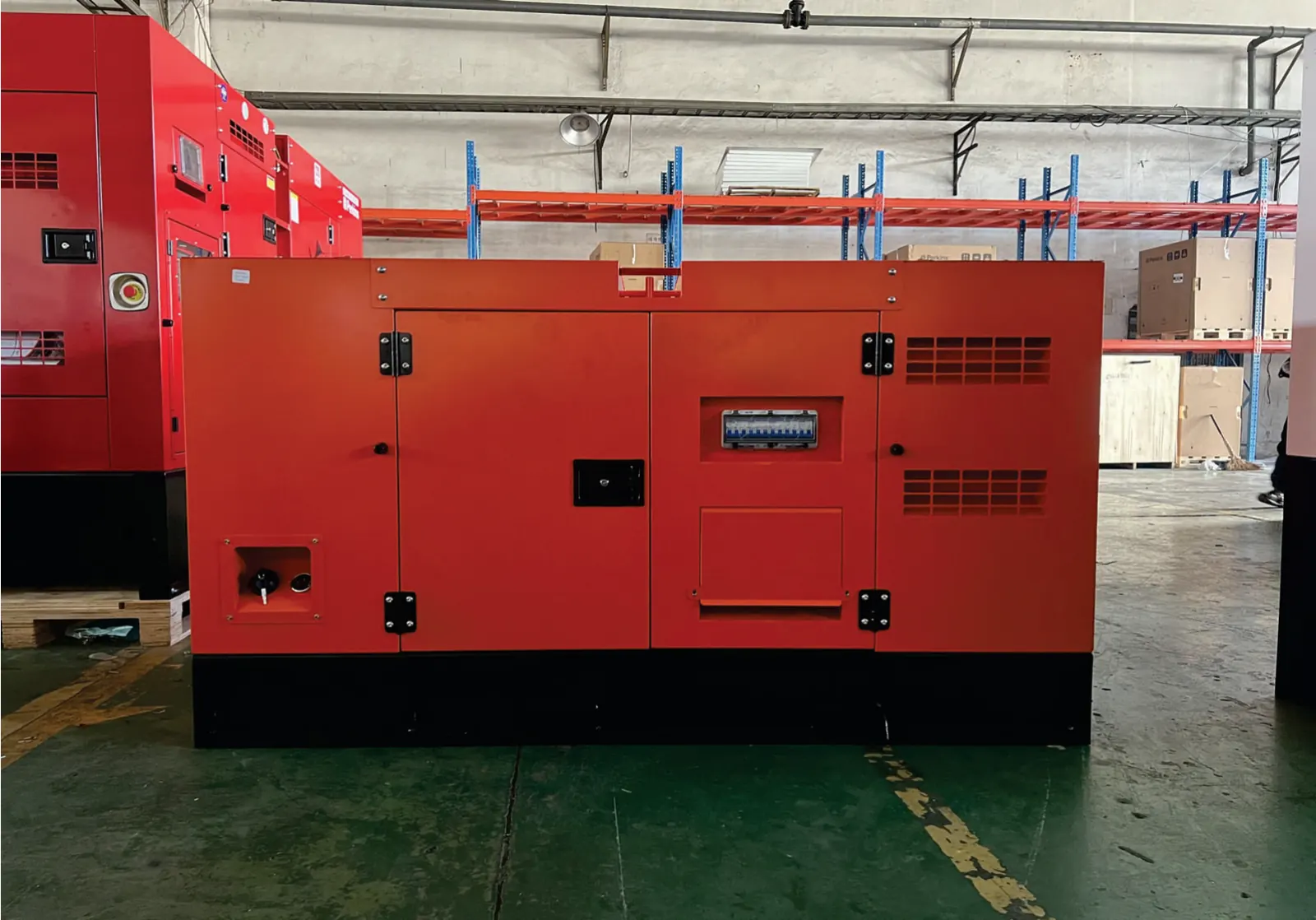 40 kW Kubota diesel generator in a red silent-type enclosure, front view